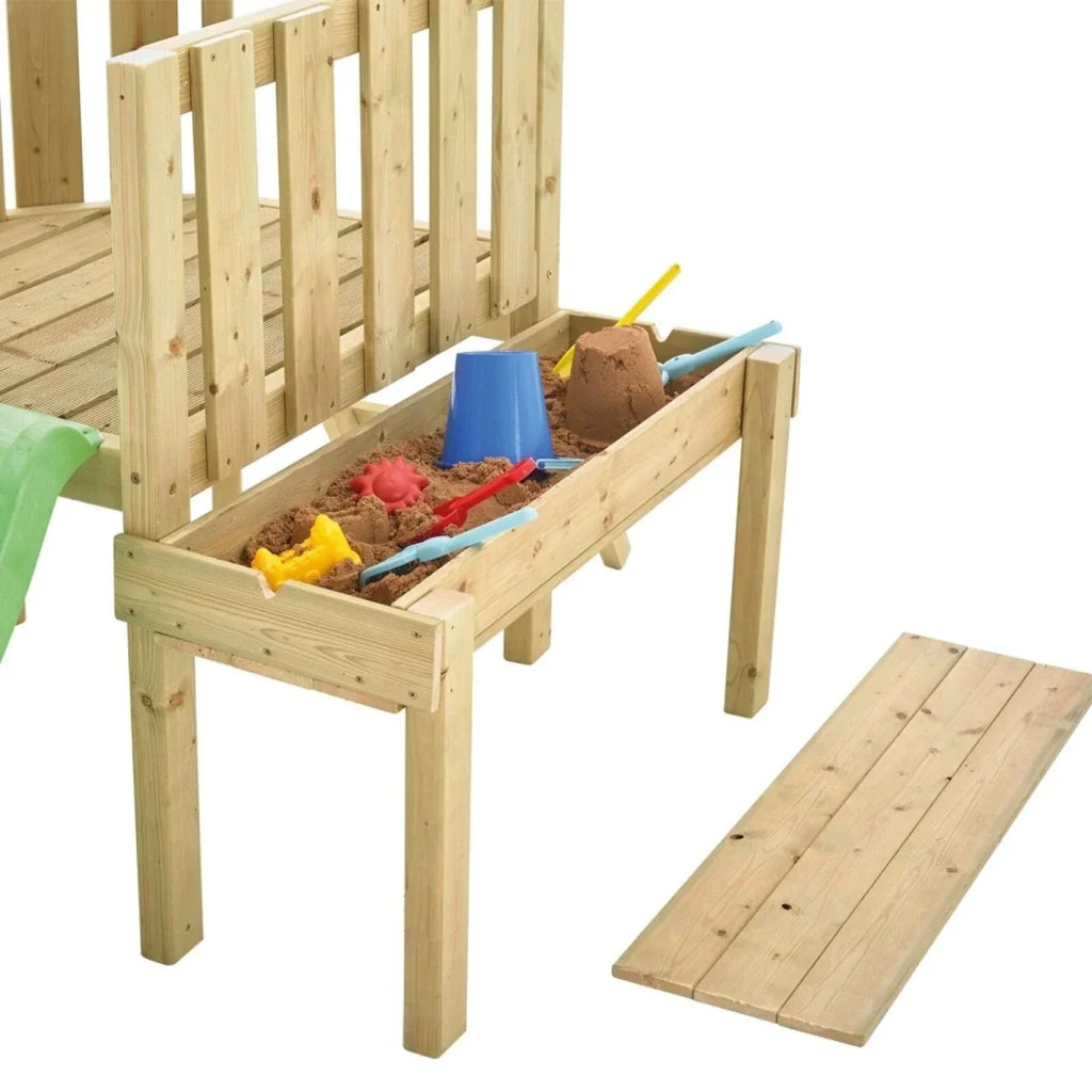 Wooden sandbox bench area with scattered colorful toys and natural wood finish