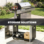 Silver BBQ grill with side tables and open storage cabinet doors