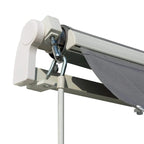 White aluminum mounting bracket with crank hook attached to grey awning frame