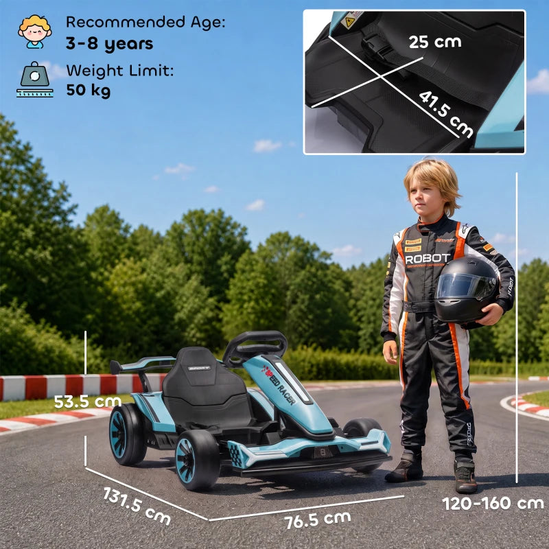 Light blue electric kids go-kart with black seat, shown with rider standing nearby.