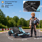 Light blue electric kids go-kart with black seat, shown with rider standing nearby.
