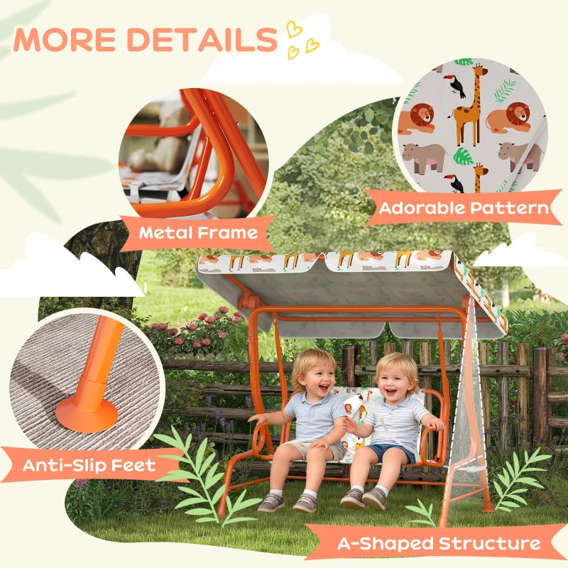 Kids swing bench with orange metal frame, animal-pattern seat, anti-slip feet