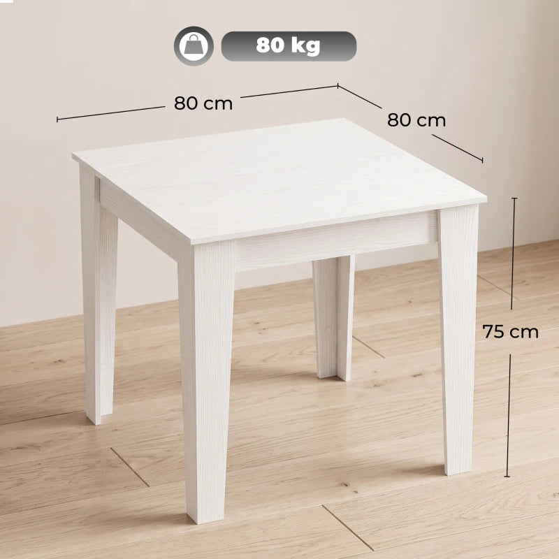 White square kitchen dining table showing tabletop and sturdy leg frame.