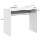 White wood-grain desk with open storage shelf and side panels, with measurements