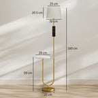 Gold-tone U-base floor lamp with linen shade and built-in side shelf