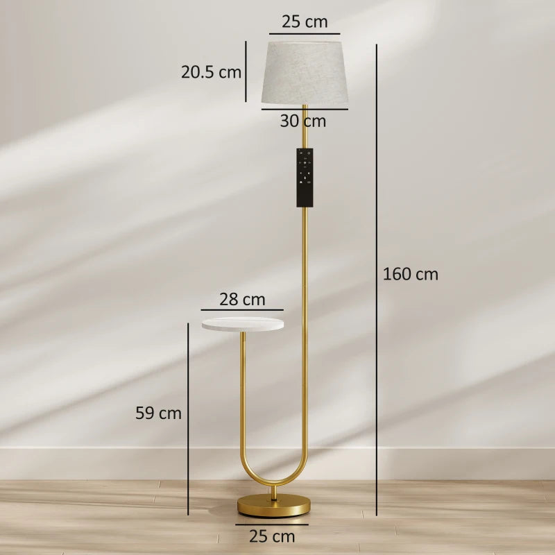 Gold-tone U-base floor lamp with linen shade and built-in side shelf