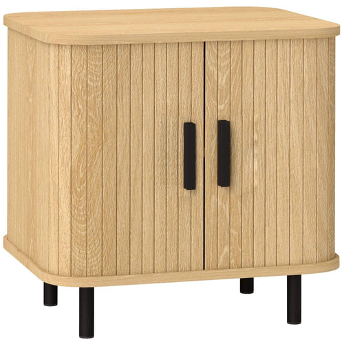 Oak tone bedside table with roller shutter-style sliding doors and black metal legs