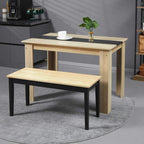 Light wood dining bench with black legs, set for two with tabletop items