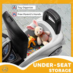 White ride-on car walker with under-seat storage compartment and open organizer space