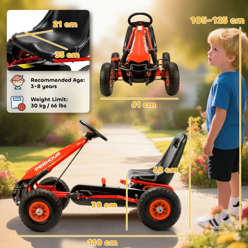 Red kids pedal go-kart with black seat and orange wheels, side view.