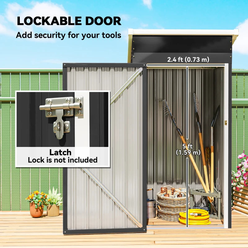 Outdoor storage shed with lockable door latch and interior shelving