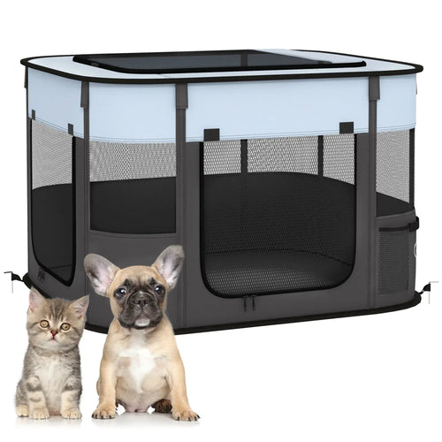 Portable foldable dog pen, grey frame with mesh sides and top cover, front open door