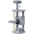 Dark grey cat climbing tower with stacked platforms, plush posts, and hanging rope ball.