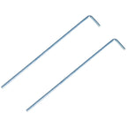 Blue steel ground stakes with L-shaped hooks for anchoring the umbrella tent