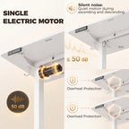 White standing desk with dual electric motor features and safety protection icons