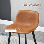 Brown soft-upholstery bar stool seat with black legs, close-up angle