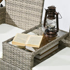 Grey rattan middle table with lantern and open book; white seat cushion