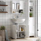 White bathroom mirror cabinet with open door showing multiple storage compartments