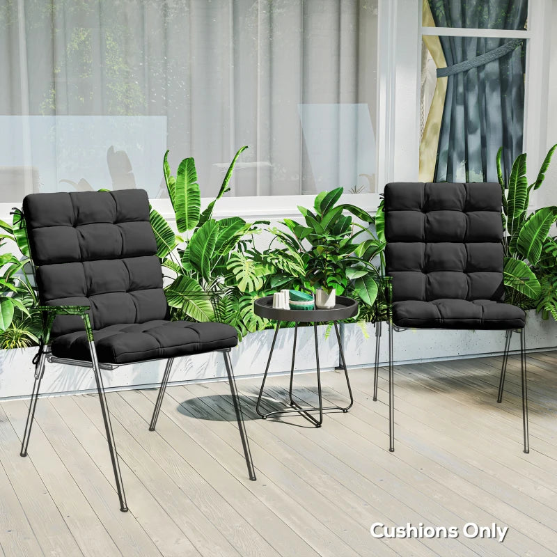 Pair of black patio chair seat cushions with backrests, quilted padding