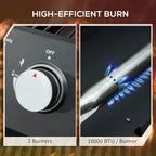 Black 2-burner gas grill with temperature control knob and blue flame burner ignition