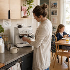 White espresso machine in home kitchen with user operating the handle