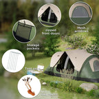 Camping tent with mesh windows, zipped front doors, storage pockets, tent pegs and guy ropes