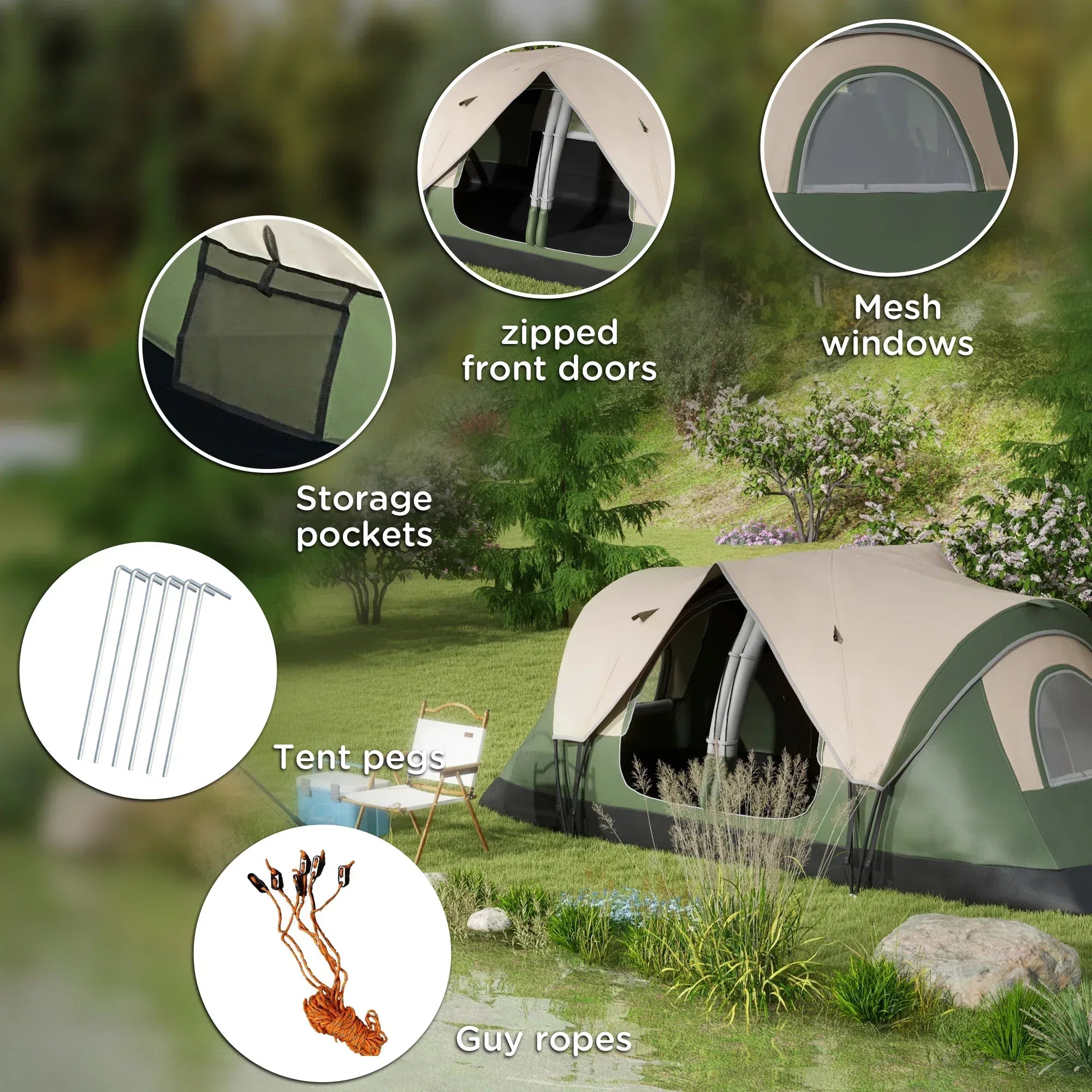 Camping Tent for 6-8 Man with 2000mm Waterproof Rainfly and Carry Bag for Fishing Hiking Festival, Dark Green - Bobobiy