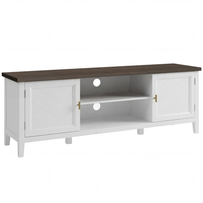 White farmhouse TV console with dark brown top, two doors and open shelves.