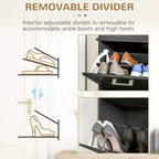 Black shoe cabinet interior with removable divider for organizing ankle boots and heels