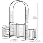 Black metal garden arbor arch with double doors and side planters, size measurements shown