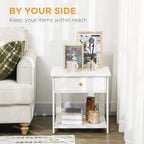 White square nightstand-style side table with drawer and open shelf