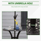 Black round outdoor dining table with umbrella hole for shaded outdoor meals