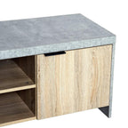 Grey TV cabinet with light wood door panel, black bar handle, open left shelf