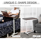 C-shaped over-bed side table with brown top and white lift stand