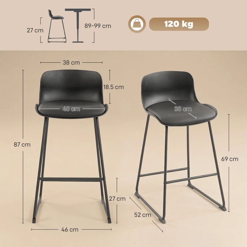 Black counter-height bar stool set of 2 with PU seat, backrest, and built-in footrest