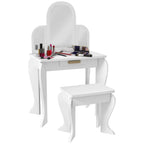 White kids dressing table set with arched mirror, drawer, and matching stool