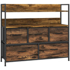 Rustic storage chest with five fabric drawers and open shelving top, dark metal frame