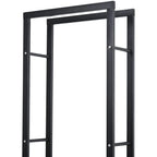Black metal firewood log holder top section with side rails, open vertical frame
