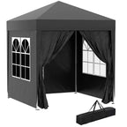 Black pop-up garden gazebo tent with side curtains and two arched window panels