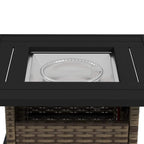 Brown woven fire pit table with black open burner tray and circular gas burner