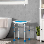 Blue shower/bath stool with white curved padded seat and four aluminum legs