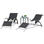 Three-piece curved sun lounger set with two dark mesh loungers and side table