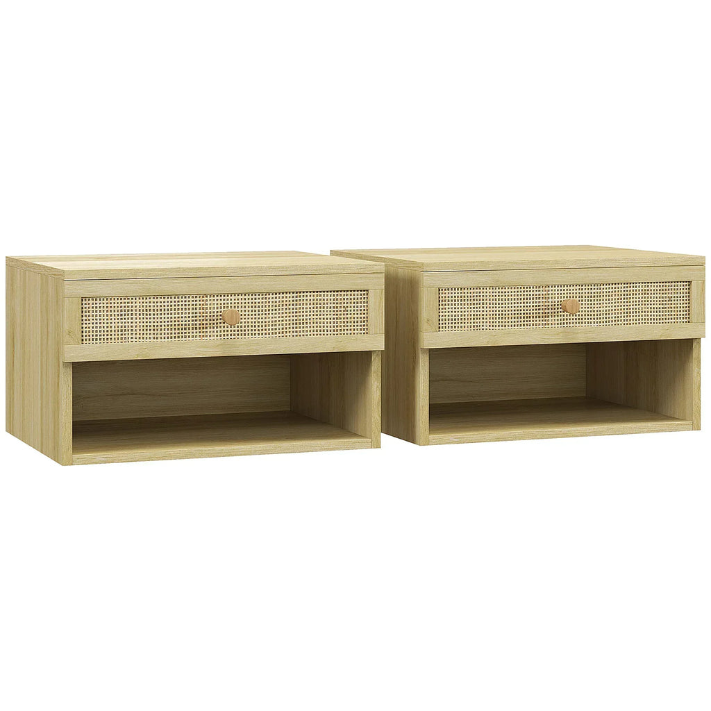 Set of Two Rattan Panel Floating Bedside Tables - Wood-Effect - Bobobiy