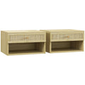 Set of Two Rattan Panel Floating Bedside Tables - Wood-Effect - Bobobiy