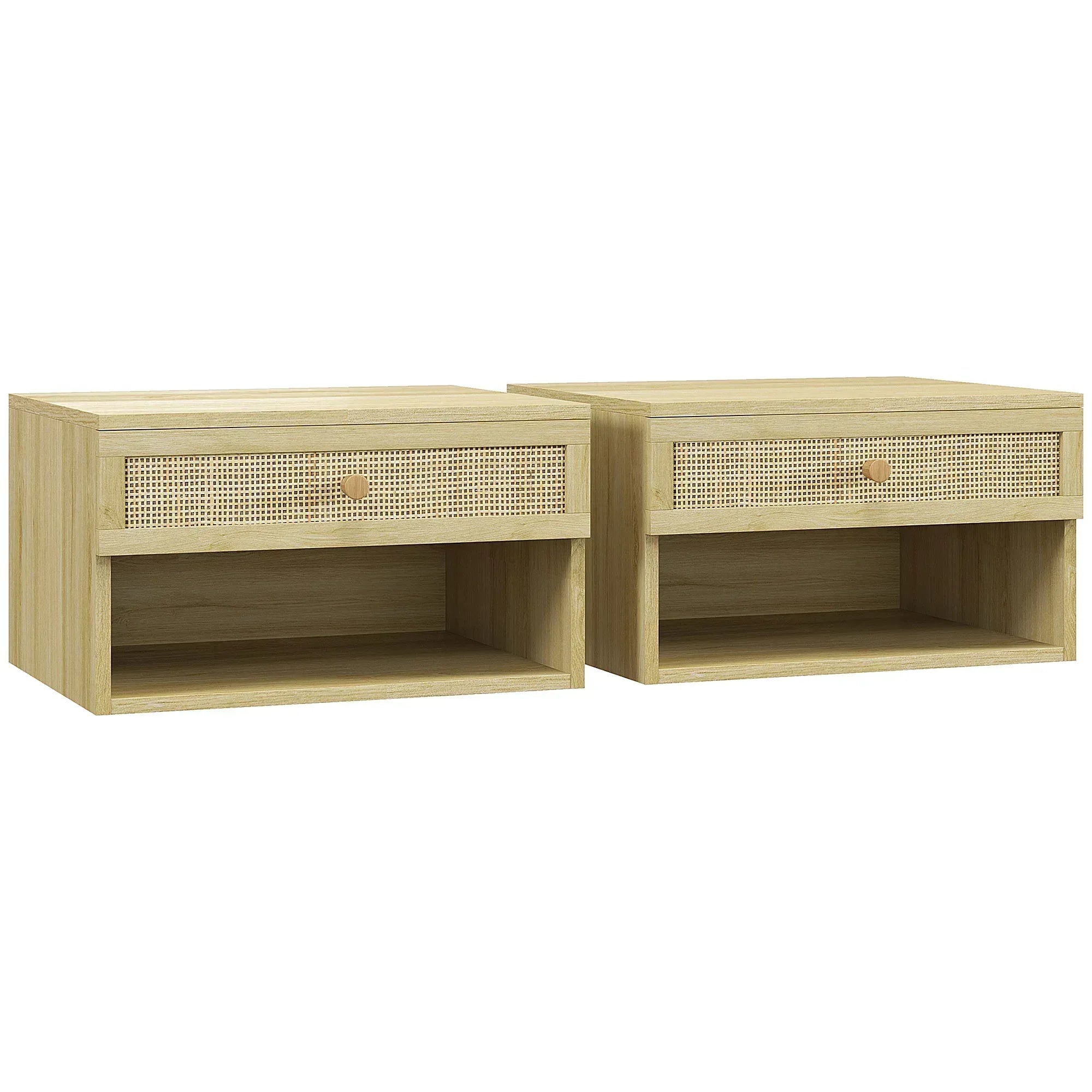 Set of Two Rattan Panel Floating Bedside Tables - Wood-Effect - Bobobiy