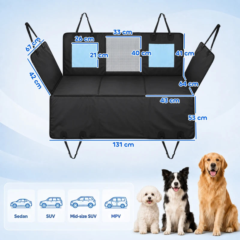 Black dog car hammock seat cover with blue pocket panels and hanging attachment straps