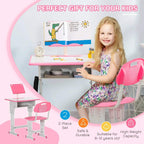 Kids pink desk with book stand and chair, shown with child seated at desk.