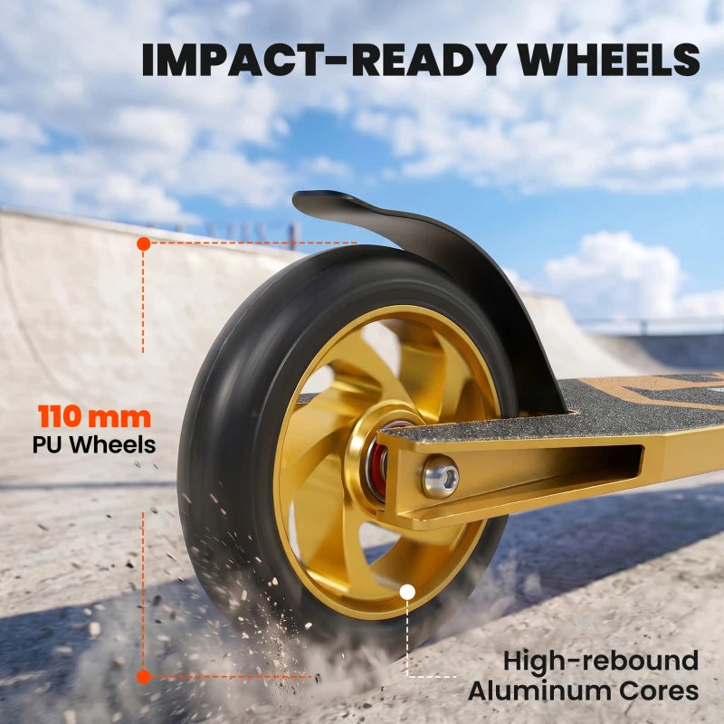 Gold front wheel with dark PU tire and aluminum core on stunt scooter