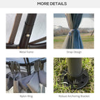 Gazebo detail: metal frame joints, strap ties, nylon rings and anchoring bracket