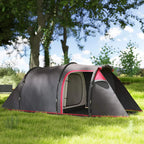 Dark grey tunnel camping tent with open front vestibule on grass